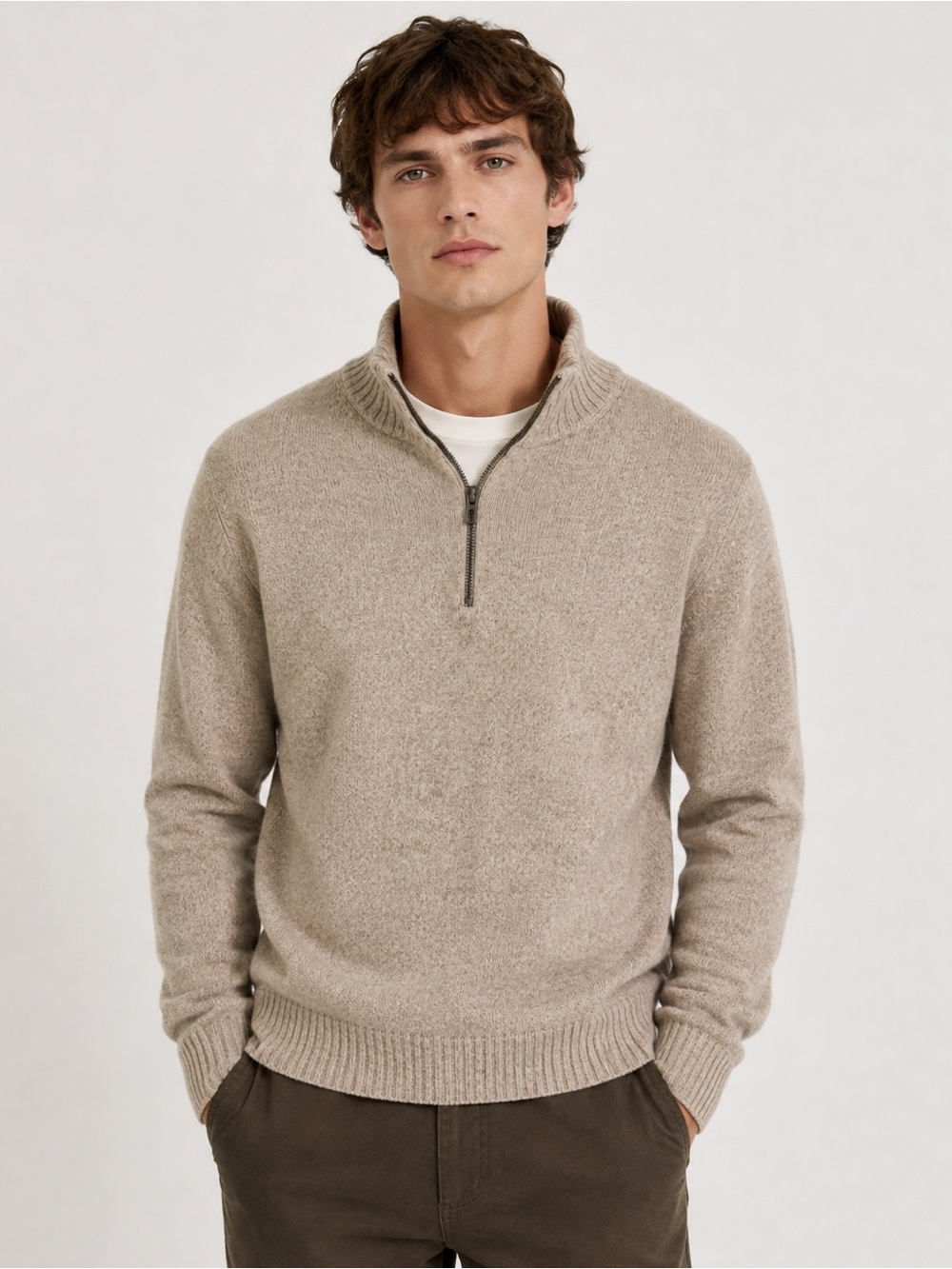 J.Crew Men’s Merino Wool Quarter Zip Sweater M Oatmeal Taupe